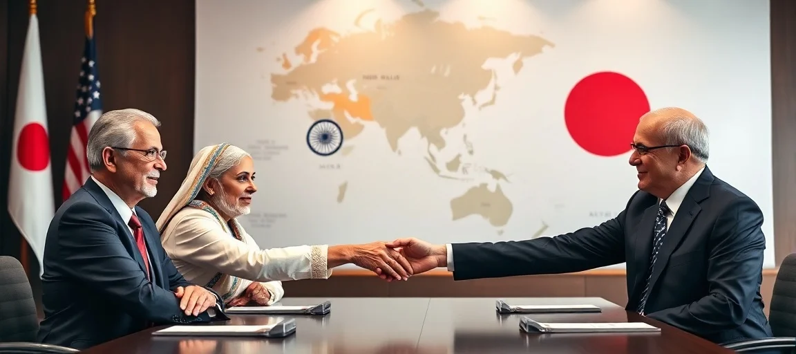 Four foreign ministers (representing USA, India, Japan, Australia) shaking hands at a formal meeting table, with a map of the Indo-Pacific in the background, stylized for a news blog, realistic, professional, subtle lighting.