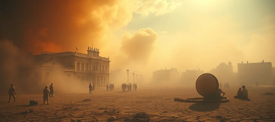 A scorching heatwave over Europe, showing heat haze distorting buildings, people seeking shade, dry cracked earth, and a visible atmospheric 