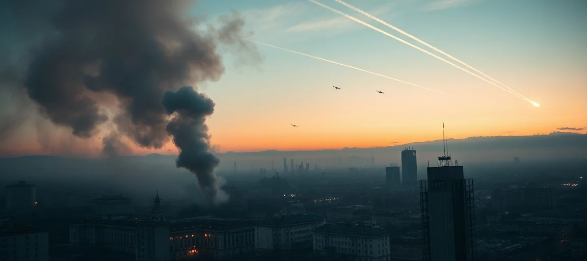 A dramatic, wide-angle shot of Kyiv at dawn, with smoke rising from damaged buildings and streaks of light representing intercepted missiles and drones in the sky. Emphasize the scale of the attack and the city's resilience. News photography style.