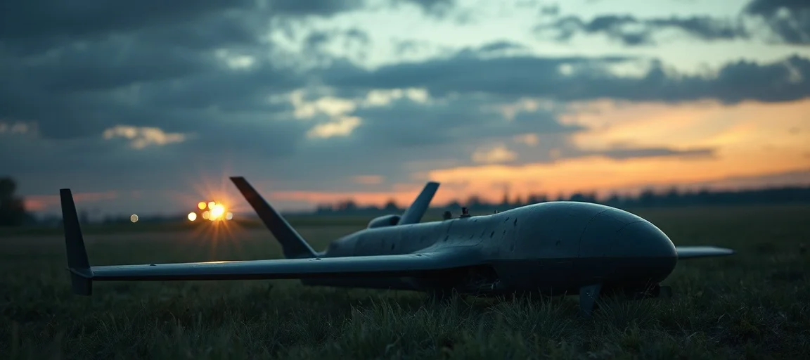 An ominous, dark military drone, damaged and partially crashed, lying in a field in a European countryside at dusk, with emergency lights in the background. Cinematic, realistic.