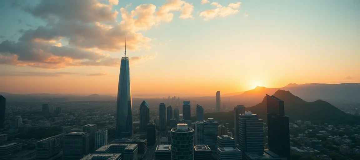 A wide-angle cinematic shot of a modern South African city skyline at sunrise, showcasing glass skyscrapers and distant green hills, symbolizing economic hope.