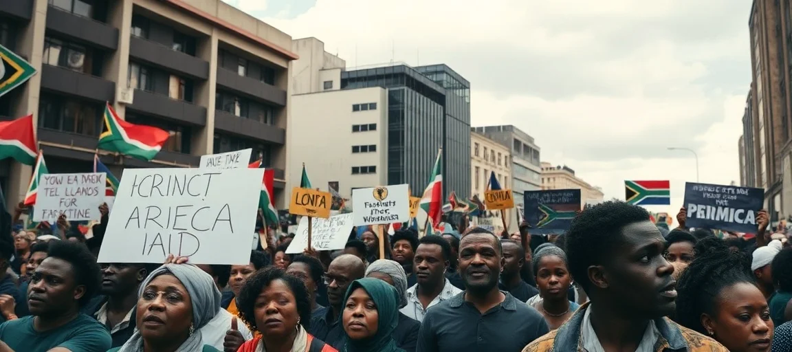 A powerful image of a diverse crowd protesting peacefully in a South African urban setting, with clear signs and expressions of determination, under a slightly overcast sky in a photojournalistic style.