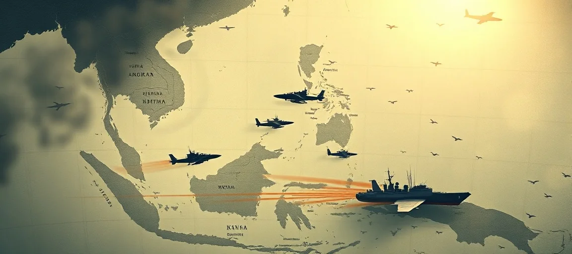 A detailed map of Southeast Asia with subtle military symbols, naval vessels, and aircraft silhouettes, bathed in a strategic, tense light, geopolitical analysis, news illustration style.