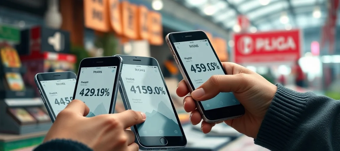 A detailed, high-quality, realistic image of smartphones with price tags showing an increase, while hands are hesitant to pick them up, set against a backdrop of a Southeast Asian market, with a subtle overlay representing declining shipment graphs.