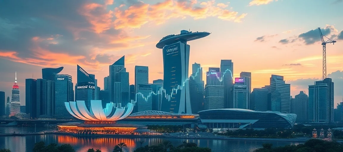 A vibrant, futuristic cityscape of Singapore with the Singapore Exchange building prominently featured, glowing financial graphs overlaid, reflecting innovation and economic leadership, dawn light, modern financial art style.