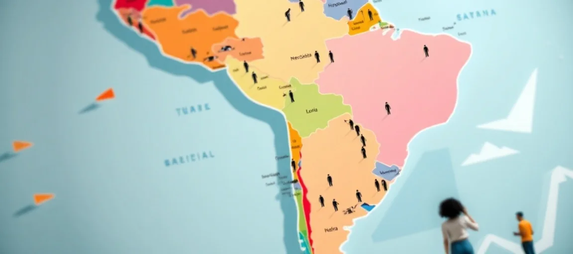A vibrant, dynamic political map of South America with subtle arrows indicating movement and change, reflecting ongoing political shifts. Focus on a modern, infographic style with diverse demographic representation in the foreground, daylight, realistic.