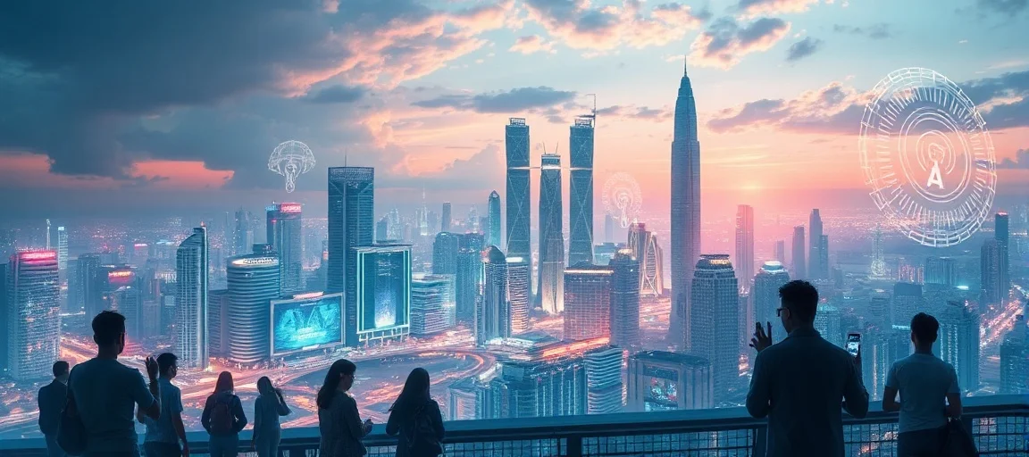 Vibrant, futuristic cityscape of a Southeast Asian metropolis with digital overlays, people engaging with mobile devices, and subtle AI symbols, representing rapid economic expansion and technological innovation. Dynamic lighting, high-tech style.