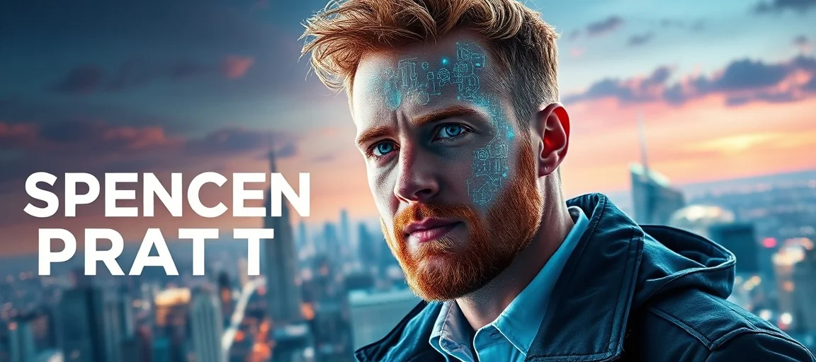 A futuristic campaign poster featuring a stylized image of Spencer Pratt, with glowing AI circuit patterns overlaying his face, against a backdrop of a city skyline, vibrant and energetic.
