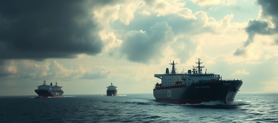 Oil tankers navigate a narrow strait under a tense sky, symbolizing a potential blockade and global energy crisis, with geopolitical undertones. Realistic, dramatic lighting.