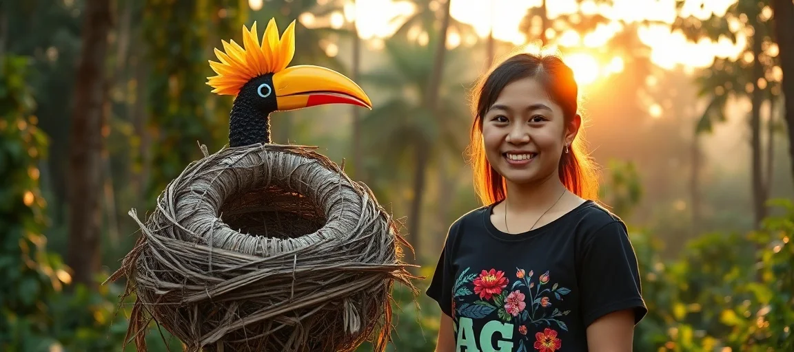 A 17-year-old Thai girl, Yanin Tangkaravakoon, smiling proudly beside an artificial hornbill nest made from recycled plastic, set against a lush Thai forest backdrop during golden hour, realistic style.