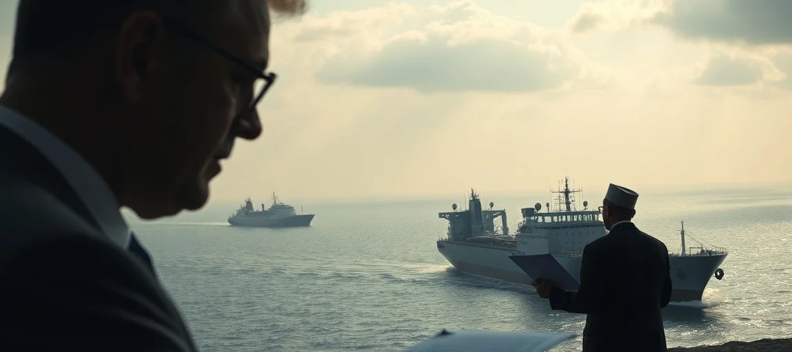 A tense geopolitical scene in the Middle East, with oil tankers near the Strait of Hormuz and a subtle silhouette of a leader pondering a document. Dramatic, realistic lighting, journalistic style.