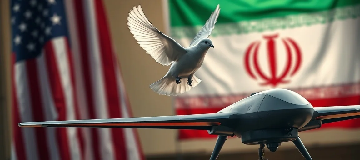 A tense diplomatic scene with flags of the USA and Iran, a dove of peace flying over a military drone, symbolizing a halt to conflict and the pursuit of dialogue, realistic style, dramatic lighting.