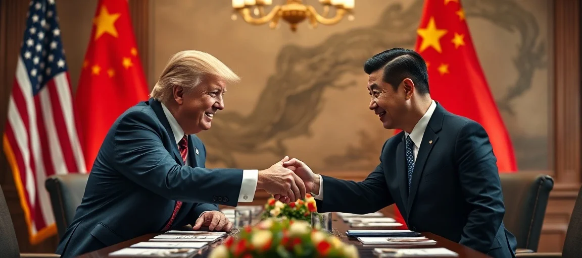Former President Trump and President Xi Jinping shaking hands firmly at a grand diplomatic table in Beijing, against a backdrop of both American and Chinese flags, intense atmosphere, sophisticated, photo-realistic.