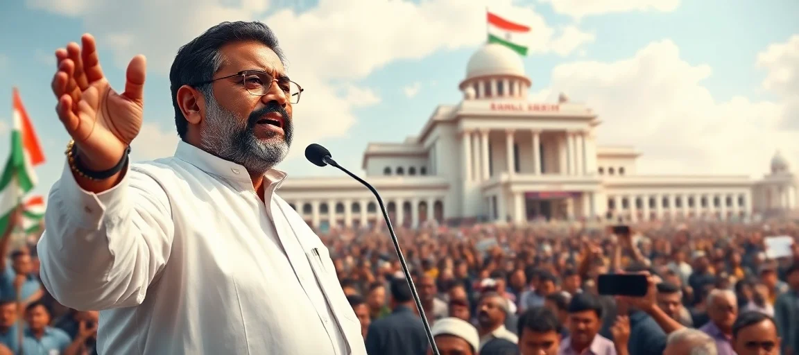 A dynamic image of C. Joseph Vijay, the Chief Minister of Tamil Nadu, addressing a large crowd, with the state assembly building in the background. The style should be realistic, vibrant, with a focus on leadership and political momentum.
