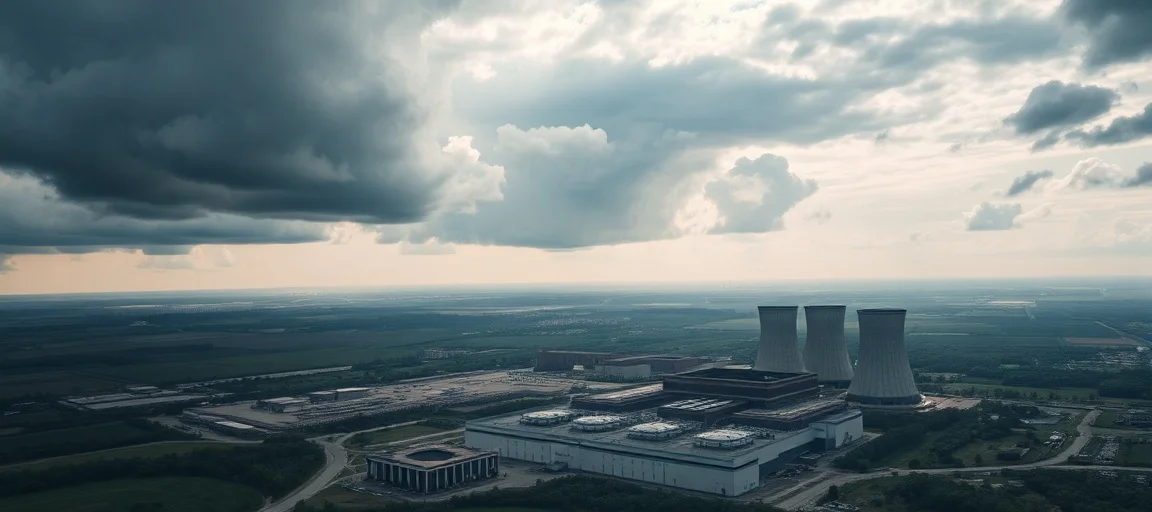 Aerial view of the Zaporizhzhia Nuclear Power Plant in Ukraine, large cooling towers and reactor domes visible, under a dramatic, cloudy sky with subtle signs of tension or distant conflict, reflecting the 'point of no return' warning.