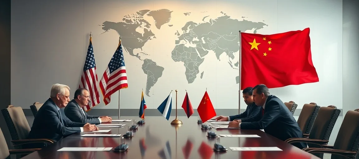 A high-level diplomatic meeting table with US and Chinese flags, conveying tension and serious discussion, global map in the background, realistic photo style.