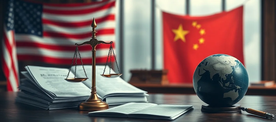 A detailed image depicting a stylized courtroom scene with the US and Chinese flags subtly integrated into the background, showcasing legal documents, scales of justice, and a globe, in a serious, geopolitical, and modern digital art style with balanced lighting.