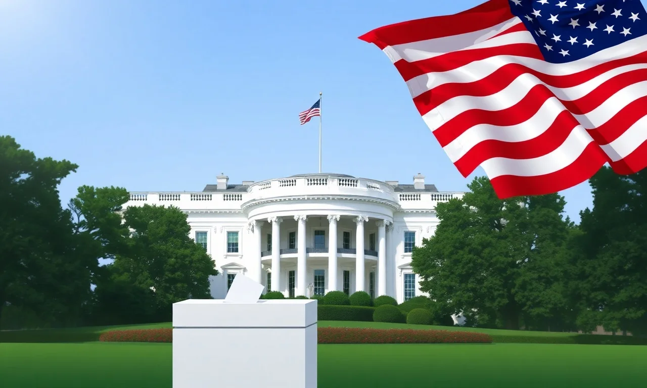 A digital illustration of the White House with an American flag waving in the background, with a subtle image of a ballot box in the foreground.