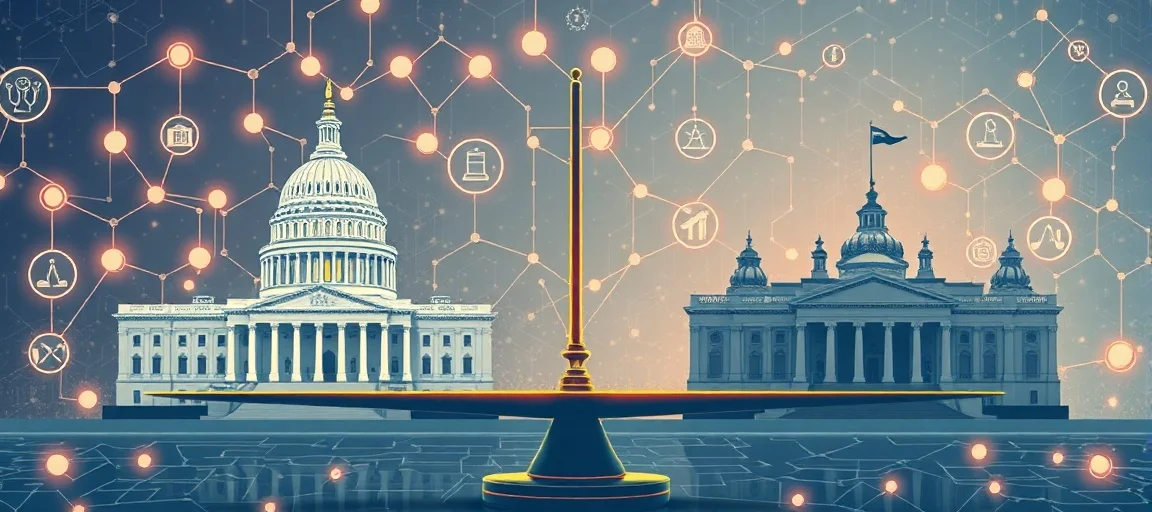 A detailed, stylized illustration showing a balanced scale with the US Capitol and European Parliament buildings on either side, surrounded by glowing AI neural networks and legal scrolls. Reflects a theme of global AI regulation and collaboration, with a futuristic, clean aesthetic.