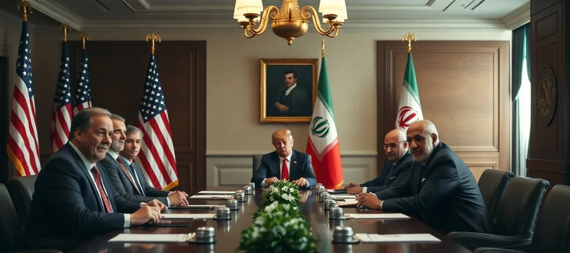 A tense, high-stakes diplomatic meeting room with US and Iranian flags, a serious-looking President Trump at one end of a table, and Iranian officials looking defiant at the other. Soft, dramatic lighting, realistic photojournalism style.