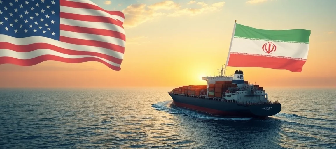 A realistic depiction of a cargo ship peacefully navigating the Strait of Hormuz at sunrise, with flags of the USA and Iran subtly integrated into the background, symbolizing diplomacy and economic cooperation. The scene should convey a sense of hope and new beginnings.