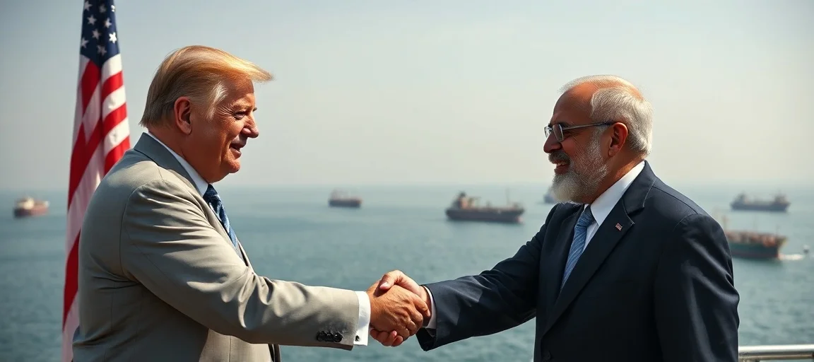 A diplomatic handshake between US and Iranian representatives with the Strait of Hormuz and oil tankers in the background, a sense of cautious optimism, realistic news photography style, clear lighting.