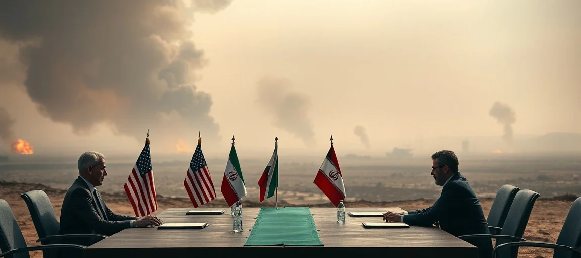 A tense diplomatic meeting table with US and Iranian flags, overshadowed by distant explosions and smoke, reflecting a fragile peace process in a dramatic, geopolitical news style.