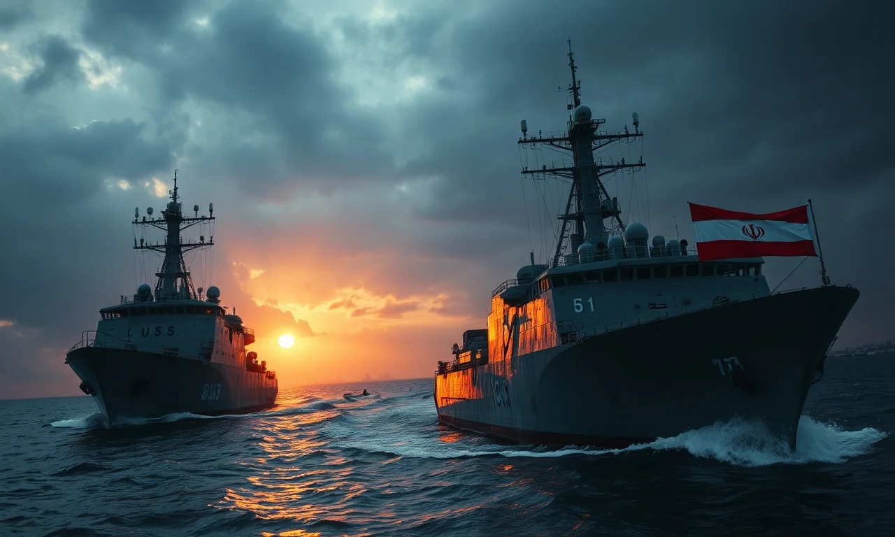 A tense scene depicting naval vessels, one US and one Iranian, in the narrow Strait of Hormuz. The lighting should be dramatic, perhaps sunset or stormy, emphasizing the geopolitical tension. Focus on realism and a serious tone.