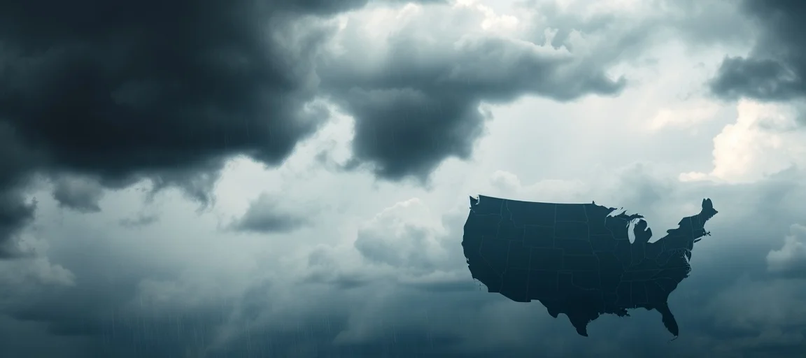 A dramatic image of a stormy sky with dark clouds, heavy rainfall, and strong winds, with a map of the United States in the background.