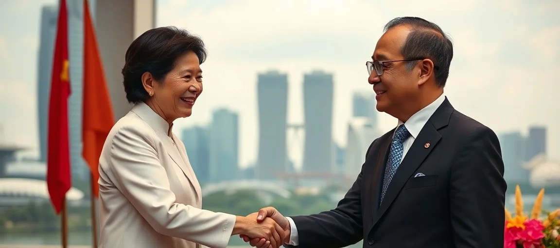 Vietnamese President To Lam shaking hands with Singaporean President Tharman Shanmugaratnam, against a backdrop of the Singapore skyline and subtle Vietnamese cultural elements. Diplomatic, professional, warm lighting, photojournalistic style.