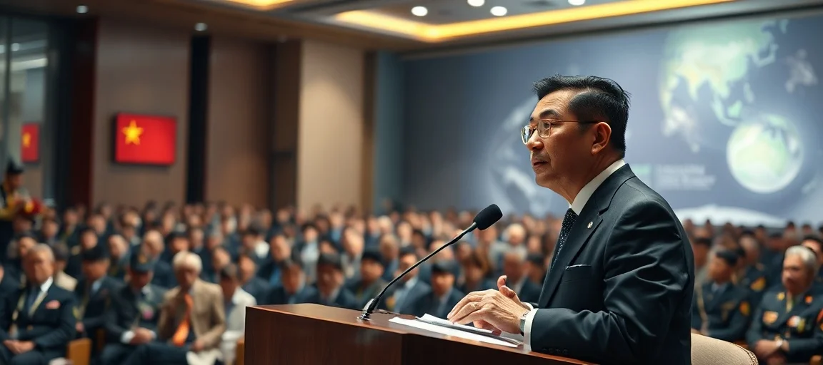 A powerful image of Vietnamese President To Lam delivering a keynote address at a grand, modern international security summit. Focus on the solemnity of the moment, with a diverse audience of diplomats and military officials listening intently. The background should hint at global challenges and cooperation. Cinematic, realistic style, thoughtful lighting.