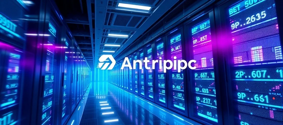 A futuristic, sleek AI data center with glowing blue and purple lights, stylized to represent massive financial investment and advanced technology, with the Anthropic logo subtly integrated. Dynamic, high-tech, digital art style.