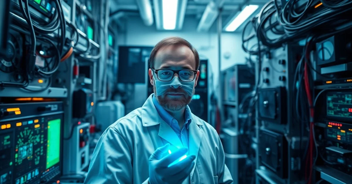 A scientist in a high-tech laboratory, surrounded by complex quantum computing equipment, with a vivid, subtle neon blue energy glow emanating from advanced microscopic power cells.