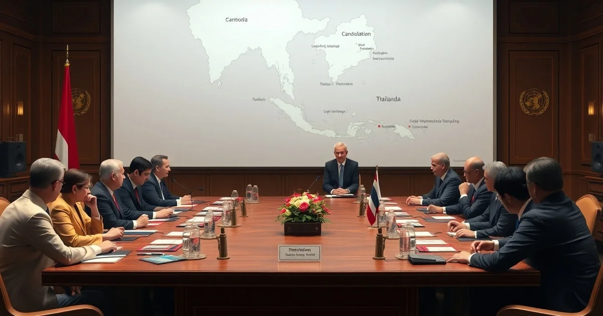 A detailed, realistic depiction of an international conciliation meeting with Cambodian and Thai diplomats at a grand table, flanked by UN officials and international legal experts, a large map of the Gulf of Thailand projected behind them. The atmosphere is tense yet hopeful, with warm, diplomatic lighting.