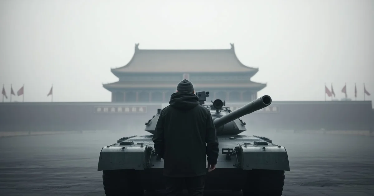 A somber, muted photojournalistic depiction of a lone protester standing before a tank in Tiananmen Square, with the Forbidden City fading in the misty background.