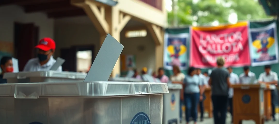 A vibrant, detailed image of a ballot box in Colombia, with election workers in the background and a subtle hint of political campaign posters in the distance. The mood is tense but orderly, with traditional Colombian architectural elements. Style should be realistic with a touch of dramatic lighting.