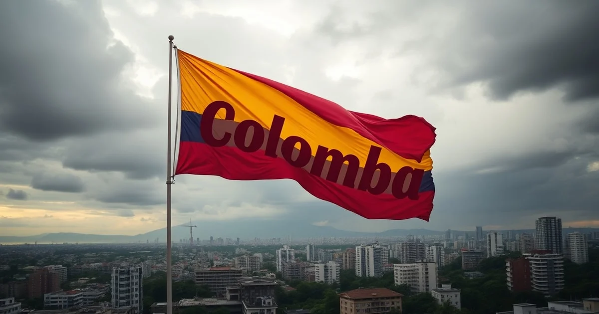 A dramatic image of a Colombian cityscape with a bold, red 