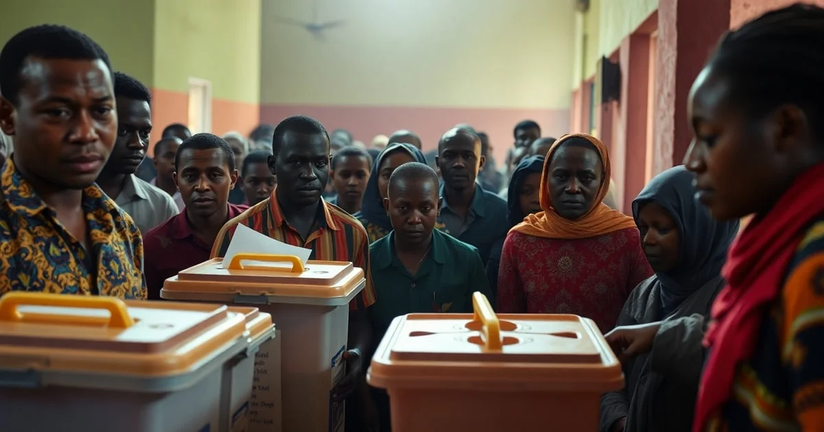An intense polling station scene in a West African nation, vibrant colors, people queuing, ballot boxes, watchful eyes, a sense of hope and tension. Realistic, cinematic lighting.