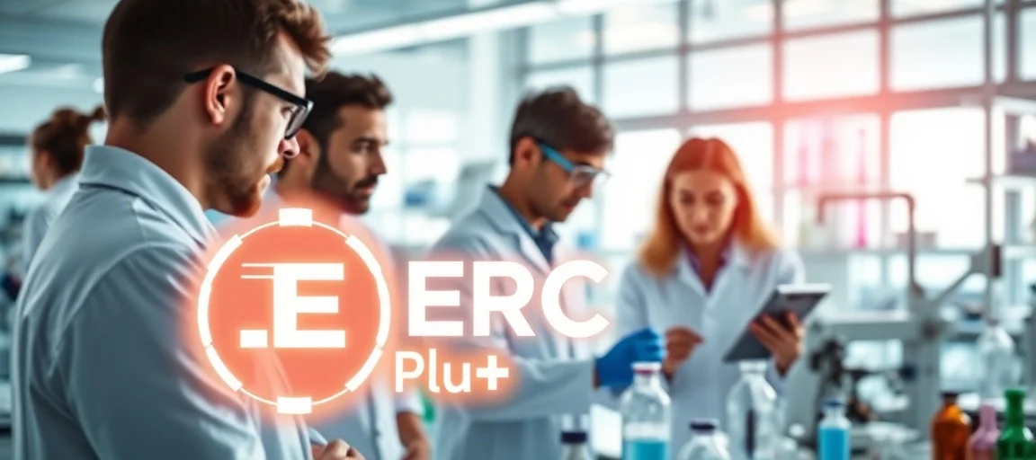A bright, modern research laboratory with diverse scientists collaborating, a glowing stylized 'ERC Plus' logo in the foreground, energetic, futuristic, vibrant colors.
