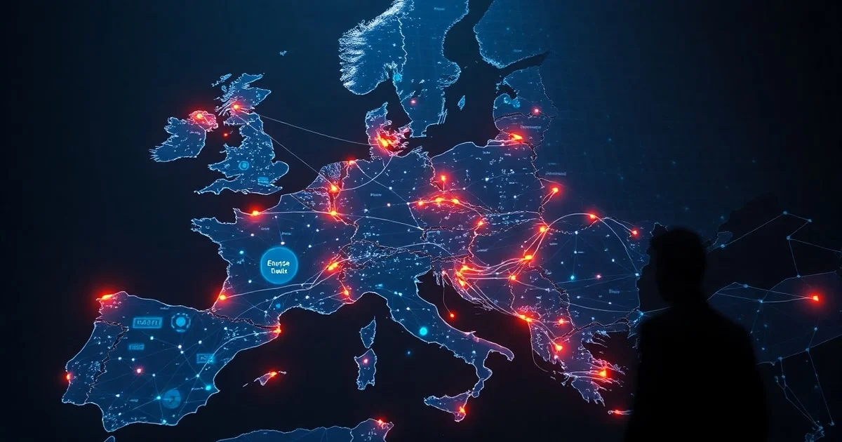 A futuristic, geopolitical map of Europe with glowing lines connecting key infrastructure points, under attack by digital threats and shadowy figures, conveying a sense of urgency and high alert. Dark, intense lighting.