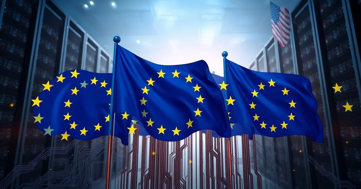 A detailed depiction of European Union flags intertwined with circuit board patterns, symbolizing digital sovereignty, set against a backdrop of towering servers and a distant US flag, futuristic, dramatic lighting, digital art style.