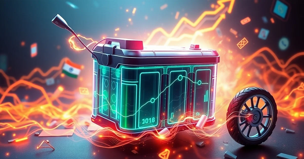 A futuristic electric vehicle battery, glowing with energy, surrounded by elements representing India's technological innovation and economic growth, in a dynamic, high-tech, and vibrant style.
