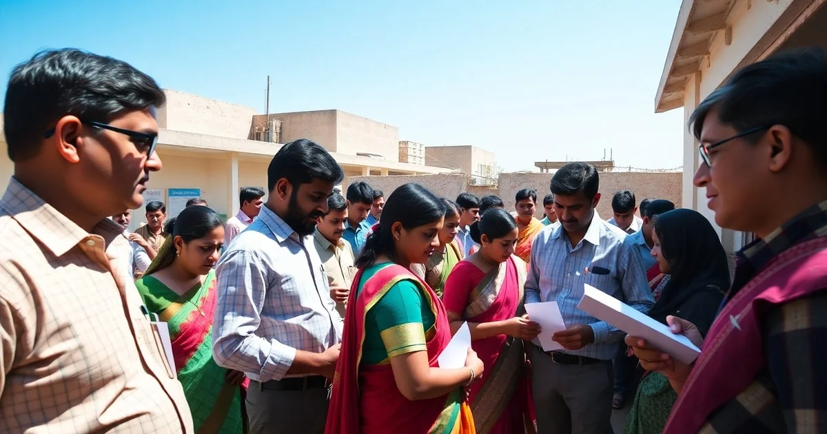 A detailed image of an Indian polling station with voters casting their ballots, surrounded by election officials and security personnel, under a bright blue sky.