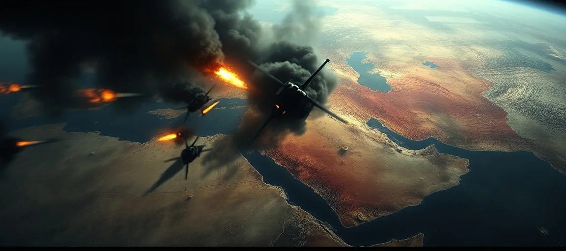 A dramatic, cinematic wide shot depicting military strikes over a stylized map of the Middle East, with Israeli and US flags subtly integrated into the background. Focus on rising smoke and tension, dark lighting, realistic art style.