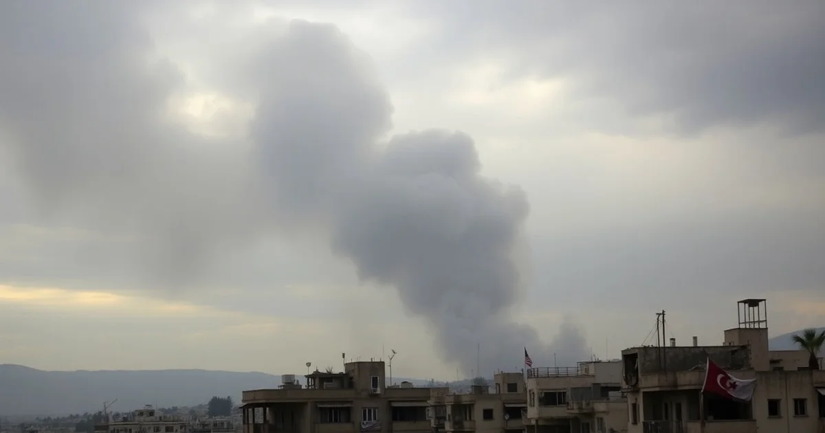 Dramatic scene of smoke rising over southern Lebanon after an Israeli airstrike, with damaged buildings and a tense sky. Style: photojournalistic, realistic, urgent, muted color palette.