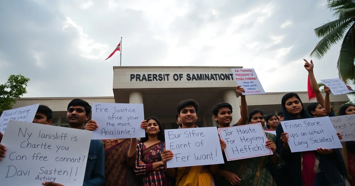 Indian students protesting vigorously with placards outside an examination building, conveying frustration and demands for justice, under a dramatic sky.
