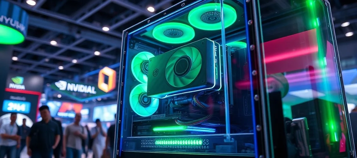 A futuristic AI PC setup featuring an Nvidia RTX Spark GPU glowing with advanced AI processing power, surrounded by holographic interfaces displaying complex algorithms, in a high-tech, sleek Computex 2026 exhibition hall. Cyberpunk style, vibrant blue and green lighting.