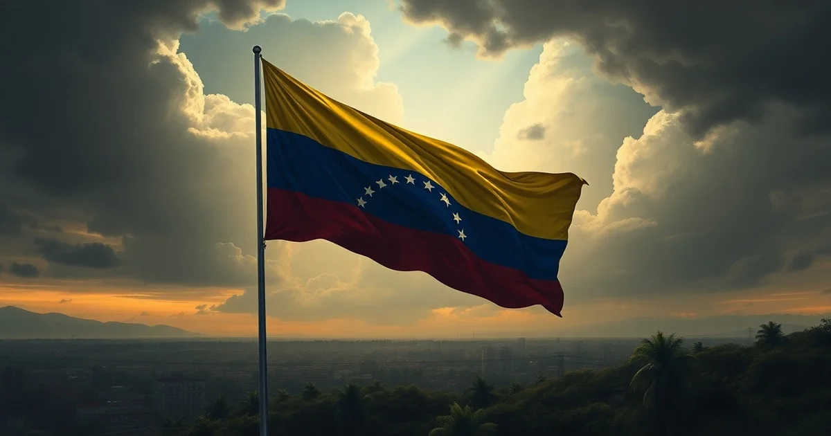 A somber, dramatic illustration of the Venezuelan flag gently waving over a landscape depicting both urban struggle and hopeful new growth, under a changing sky, reflecting political transition. Style: realistic, painterly, chiaroscuro lighting.