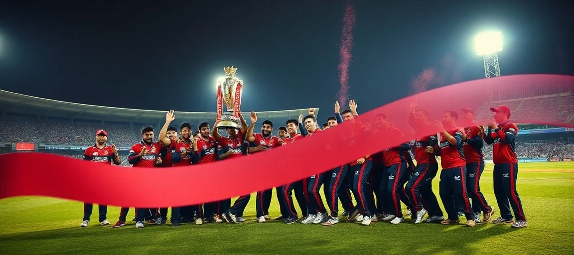 A vibrant, high-energy image of the Royal Challengers Bangalore cricket team celebrating with the IPL trophy on a brightly lit stadium pitch at night, with a subtle, respectful overlay or ribbon acknowledging stampede victims. Dynamic lighting, celebratory atmosphere, photorealistic.