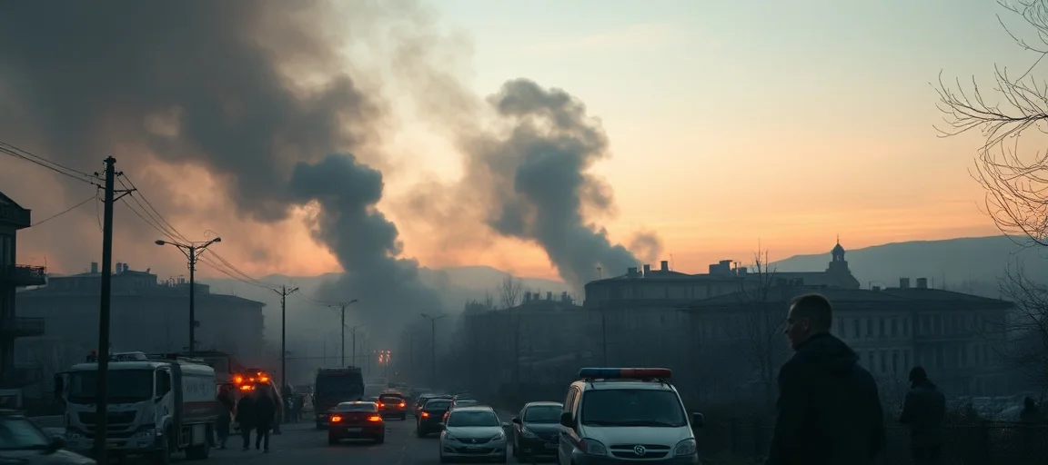 Dramatic scene of Ukrainian cities at dawn after a missile strike, with smoke rising from damaged buildings, emergency services working, and concerned civilians. Style: photojournalistic, realistic, somber. Lighting: early morning light with a hint of orange from fires.